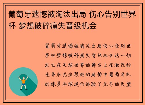 葡萄牙遗憾被淘汰出局 伤心告别世界杯 梦想破碎痛失晋级机会