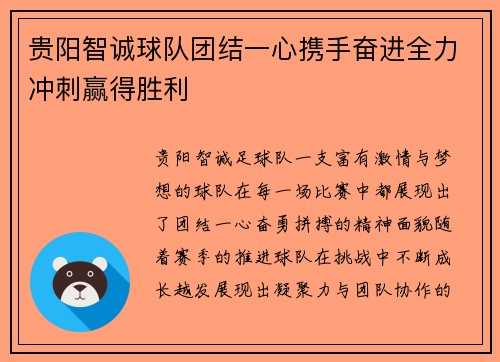 贵阳智诚球队团结一心携手奋进全力冲刺赢得胜利