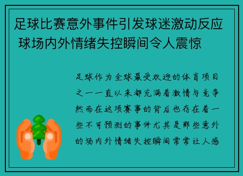 足球比赛意外事件引发球迷激动反应 球场内外情绪失控瞬间令人震惊