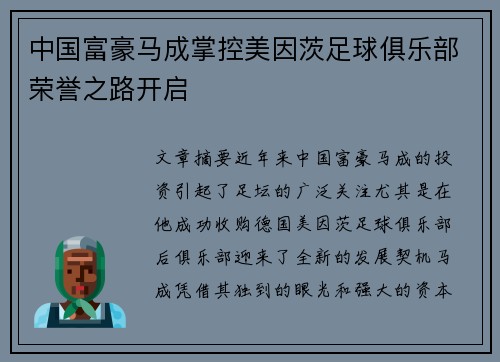 中国富豪马成掌控美因茨足球俱乐部荣誉之路开启