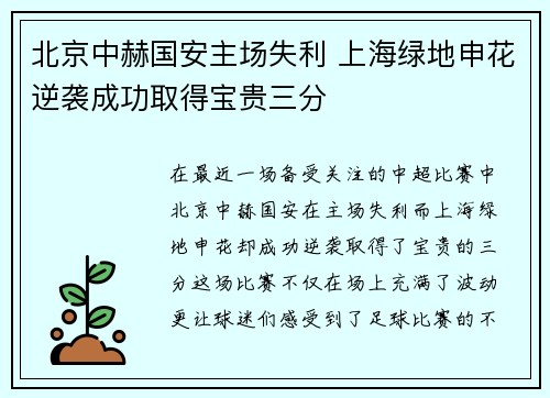 北京中赫国安主场失利 上海绿地申花逆袭成功取得宝贵三分
