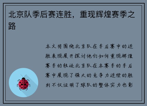 北京队季后赛连胜，重现辉煌赛季之路