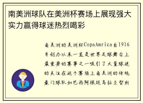 南美洲球队在美洲杯赛场上展现强大实力赢得球迷热烈喝彩