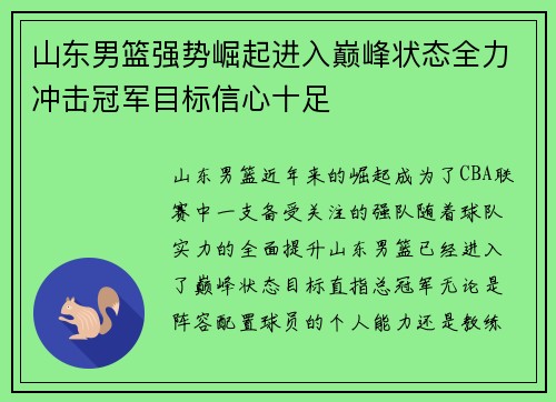 山东男篮强势崛起进入巅峰状态全力冲击冠军目标信心十足