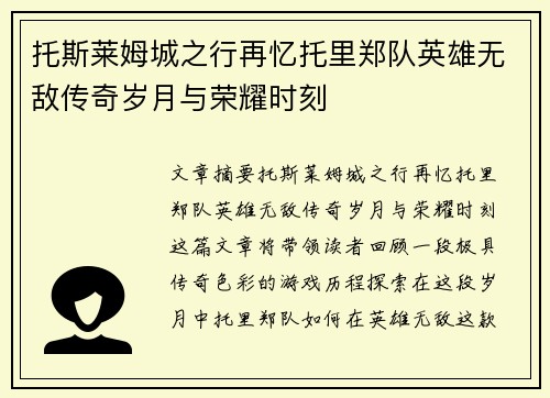 托斯莱姆城之行再忆托里郑队英雄无敌传奇岁月与荣耀时刻