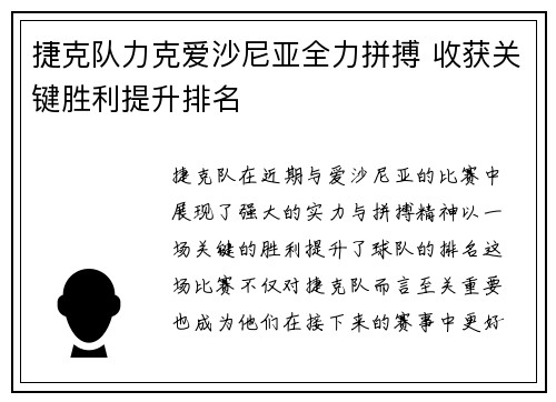 捷克队力克爱沙尼亚全力拼搏 收获关键胜利提升排名