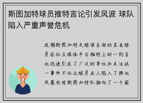 斯图加特球员推特言论引发风波 球队陷入严重声誉危机