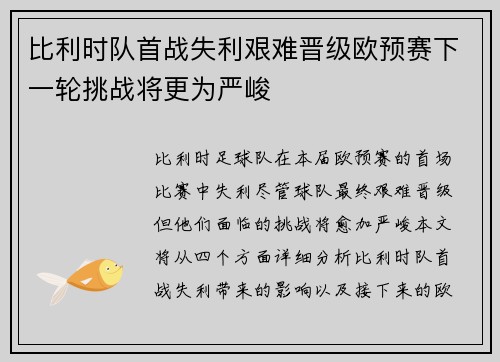 比利时队首战失利艰难晋级欧预赛下一轮挑战将更为严峻