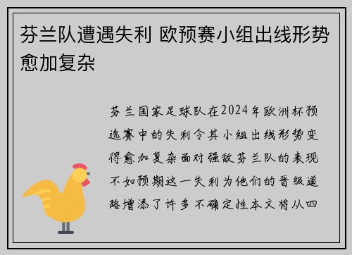 芬兰队遭遇失利 欧预赛小组出线形势愈加复杂