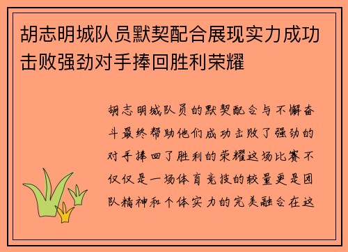 胡志明城队员默契配合展现实力成功击败强劲对手捧回胜利荣耀