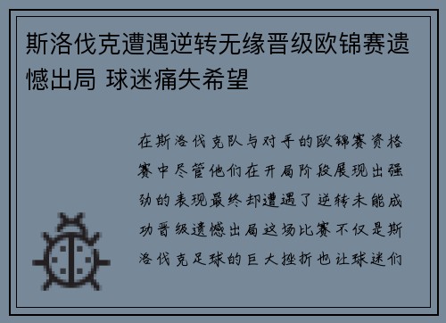 斯洛伐克遭遇逆转无缘晋级欧锦赛遗憾出局 球迷痛失希望