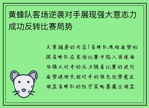 黄蜂队客场逆袭对手展现强大意志力成功反转比赛局势